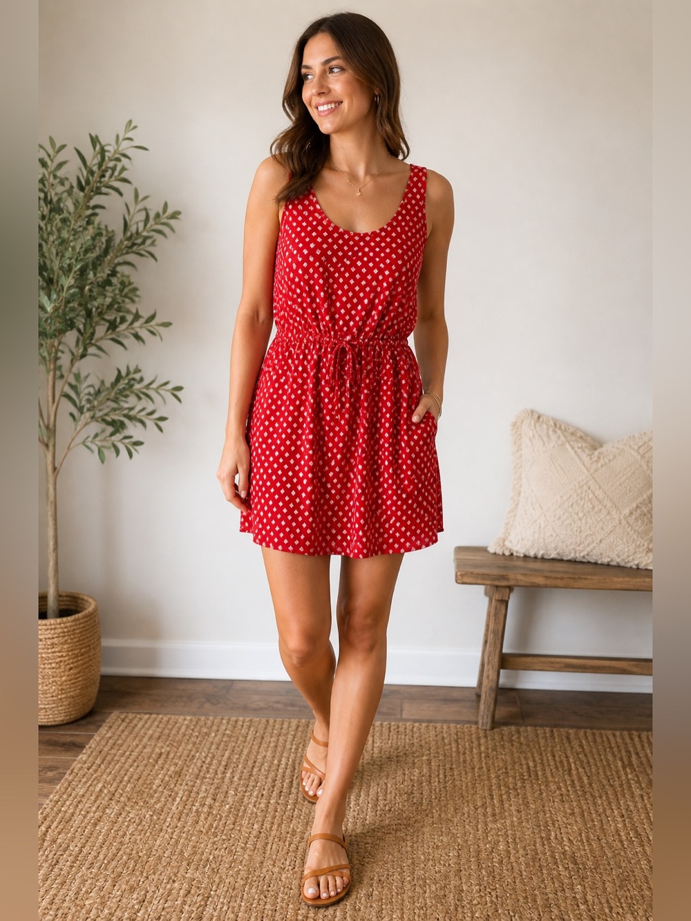 Gap Red Print drawstring Waist Mini Dress Size L Sleeveless Flowy Boho
